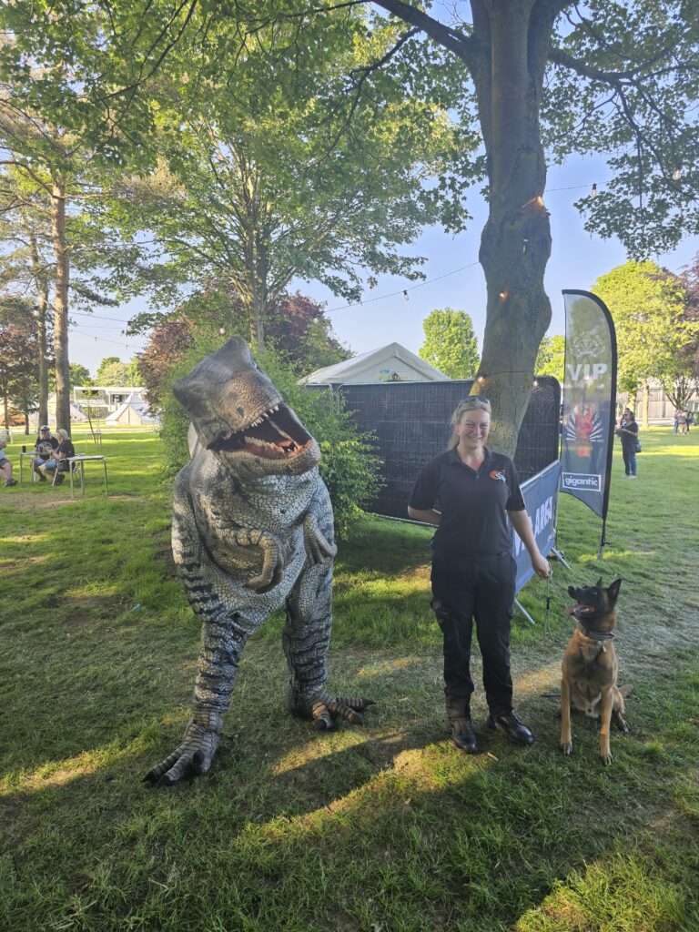 Havok the Malinois meets the dinosaurs at Call of the Wild music festival 2023